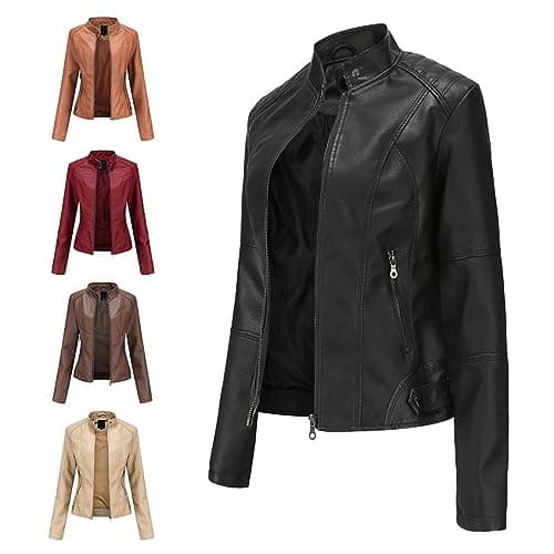 Faux Leather Jacket For Women Zip Up Moto Biker Classic Short Coat Slim Fit Long Sleeve Solid Color Stand Up Collar Women's Coat Lightweight Waterproof Jacket with Zipper Pocket — view 5