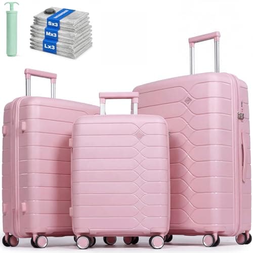 H.yeed 3 Piece Suitcase Set PP Hard Shell Luggage Set Lightweight Carry on Travel Hand Luggage with Spinner Wheels & TSA Lock 20" 24" 28" (Pink, 3 pcs Set)