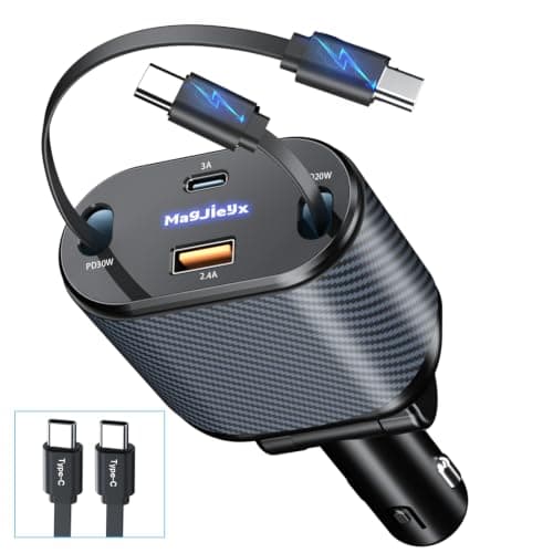 MAGJIEYX Retractable Car Charger, 80W Cigarette Lighter USB Adapter Fast Charging with Dual Type-C Cables & USB-C/USB-A Port for iPhone 16 15 14 13 12Pro Max Plus iPad AirPods Galaxy Car Accessories