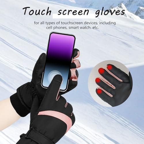 Andiker Women Waterproof Ski Gloves, Winter Touchscreen Thermal Gloves with Fleece, Windproof Snowboard Glove for Skiing Running and Cycling (Black-pink) — view 4