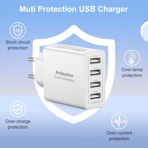 2 Pack EU Travel Adapter Charger UK to European Plug Adapter, Europe Travel Adapter EU with 4 USB A, European to UK Plug Adaptor for France Spain Portugal Germany Iceland Greece Denmark Turkey, etc — view 3