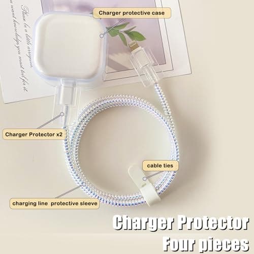 DiyGody Charger Protector Set for iPhone Charger Plug, Protective Cover for UK Apple 18/20W Power Adapter, Data Cable Case Wire Saver in TPU for USB-C Type-L, Phone Charger Protection for Girls, White — view 3