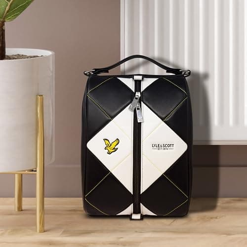 Lyle & Scott Argyle Premium Leather Shoe Bag for Golf Shoes - Stylish Golf Accessories with Side Breather Vents, Embroidered Branding, Durable Zip, Embossed Eagle Zippers, Carty Handle, 35x23x16cm — view 5