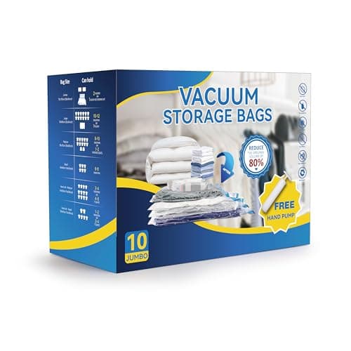 Vacuum Storage Bags for Clothes, Bedding, Duvets and Blankets, Heavy-Duty Space Saver Compression Bags with Airtight Double-Zip Seal, Leak-Proof Reusable Design, Hand Pump Included (10 Jumbo-100x70cm) — view 2