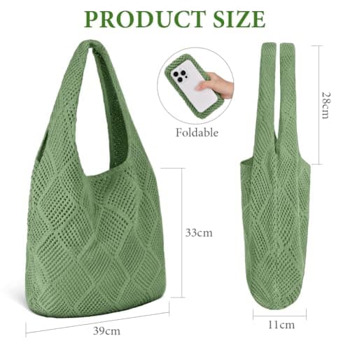 Aucuu Women Knitted Handbags, Retro Hollow Woven Shoulder Bags, Boho Shoulder Bag, Crochet Mesh Tote Bag, Beach Bag for Women, Travel Shopping Handbag for Holiday, Daily Work, Shopping, Travel-Green — view 4