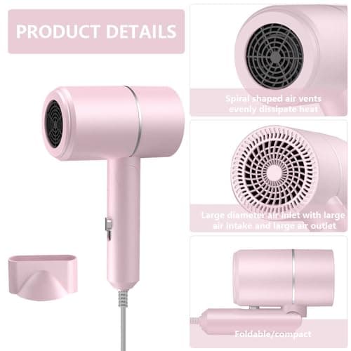 ZOYDP Hair Dryer Travel, Foldable Hair Dryer, Ionic Hairdryer Lightweight with 2 Heat and Cool Button, Silent Hairdryers for Women with 1 Concentrator, Small Hair Blow Dryer for Women Men, Pink — view 3