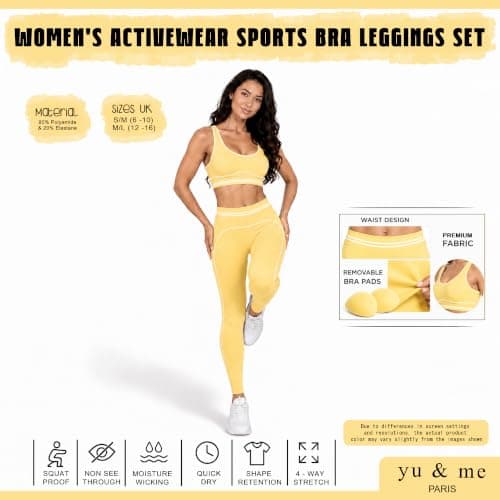 Yu & Me PARIS Womens Gym Set 2 Piece Activewear Sports Padded Bra & High Waist Leggings Tummy Control Workout Yoga Fitness Co Ord Set Size (Yellow, L/XL, 14-16) — view 5