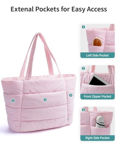 Narwey Tote Bags for Women, Work Laptop Bags with Zip for Women, Ladies Handbags & Shoulder Bags with Makeup Pouch, Puffer Teacher School Hand Bag for College Shopping Travel Gym Beach (Pink) — view 5