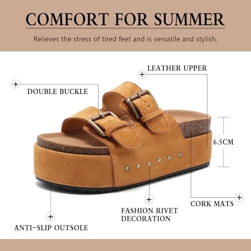 Women's Platform Sandals Cork Footbed Adjustable Double Buckle Slides — view 4