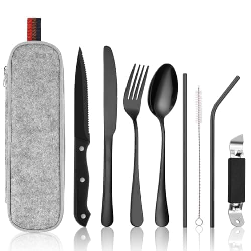 HOTUT Travel Cutlery Set with Portable Pouch Case, 9 Pcs Camping Cutlery Set with Bottle Opener Straw Spoon Knife Fork, Stainless Steel Flatware Set Portable Utensils for Outdoor Travel Picnic Office