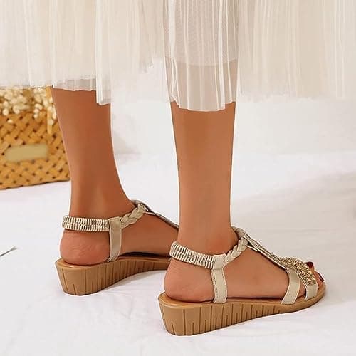 AEHAXGD Rhinestone Wedge Sandals for Women 2026 Summer Orthopedic Bohemia Sparkly T Strap Shoes Embellished Jeweled Beaded Sandals with Elastic Ankle Strap Comfy Cute Sandals for Beach Travel — view 5
