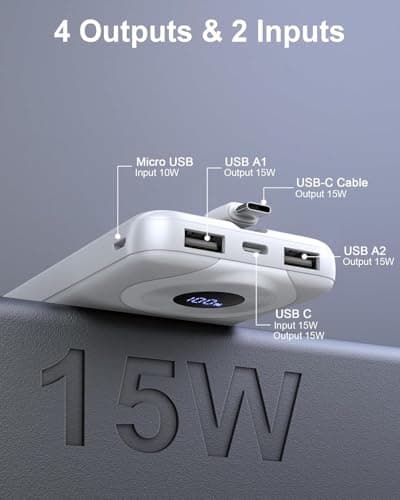 Power Bank Fast Charging, 3A Portable Charger 10000mAh, Small Battery Pack USB-C In & Out, Lightweight Powerbank with Built in Cable for iPhone 17/16/15/14/13, Samsung Galaxy, Xiaomi, Android etc — view 2