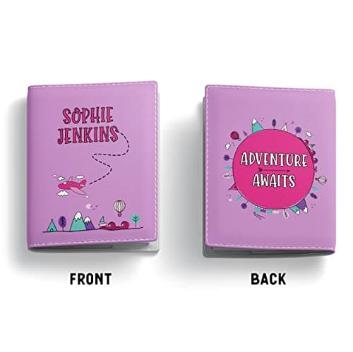 NOT JUST A PRINT Kids Passport Cover Personalised with Any Name | UK Passport Holder | Toddler Child's 1st Passport Adventure Awaits Wallet (Lilac/Pink) — view 2