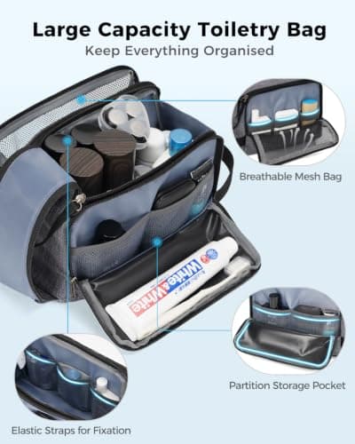 WANDF Waterproof Nylon Travel Toiletry Bag, Lightweight Portable Wash Bag Dopp Kit, Multifunctional Cosmetic Organizer Bag for Men & Women — view 3