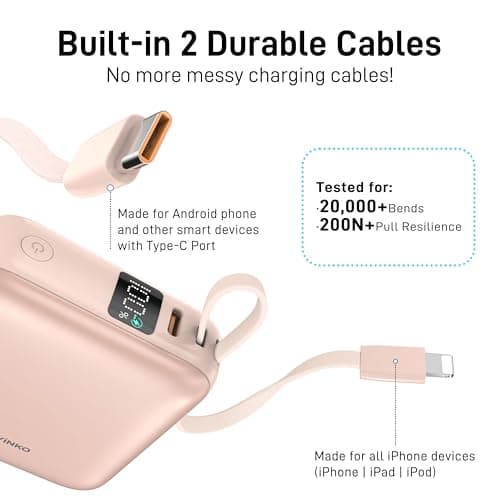 VINKO Small Power Bank with Built-in Cable,10000mAh Fast Charging Power Bank, 22.5W USB C Portable Charger, Mini Battery Pack for iPhone 16 15 14 13 Samsung Galaxy Google Android (Pink) — view 3