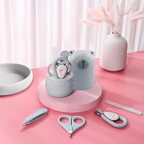 6-in-1 Baby Grooming Set, Natural Wooden Hairbrush and Comb, Nail Clippers,Nail Scissors, Nail File and Tweezers for Kids and Newborns in Nice Gift Box (blue b) — view 2