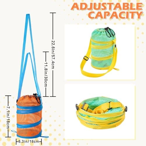 WAWSAM Kids Mesh Beach Bag Set, 2 PCS Sea Shell Bag for Beach, Kids Beach Essentials Shell Collecting Bag for Boys Girls Beach must Haves for Kids with Adjustable Straps (Green + Orange) — view 6