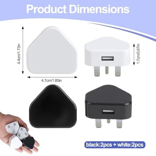 USB Plug Adapter UK 3 Pin Wall Charger, 4 Pack Black & White Compact — view 2
