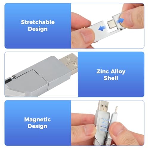 AHRLIC 4-in-1 USB Charging Cable Keychain – Zinc Alloy, Multi-Adapter Charger Cord for USB, Type-C, Micro USB, iOS Port Devices – 60W Fast Charging, Magnetic Stretchable Travel Cable (Orange Gray) — view 5