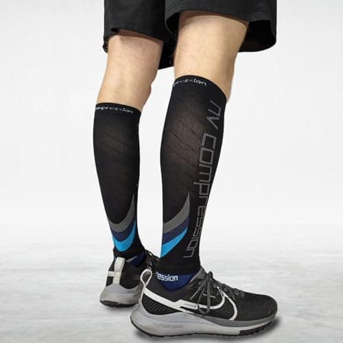 NV Compression Essential Race and Recover Calf Guards/Sleeves (PAIR) 20-30mmHg - For Sports Recovery, Shin Splints, Medical, Work, Flight - Running, Cycling, Gym (Bk/Blue Chevrons, L-XL) — view 6