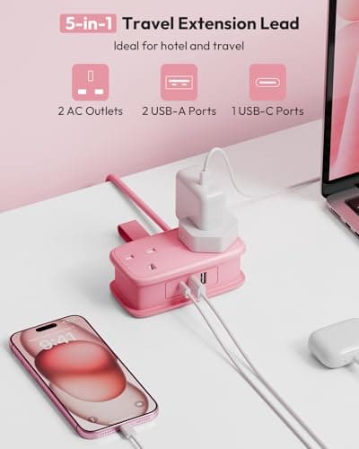 NTONPOWER Travel Extension lead with USB Slots, Pink Extension Lead 1.2M, Cruise Essentials Extension Cord with 2 Way Outlets 3 USB（1 Type C) for Cruise Travel Essentials Hotel Home Office — view 3