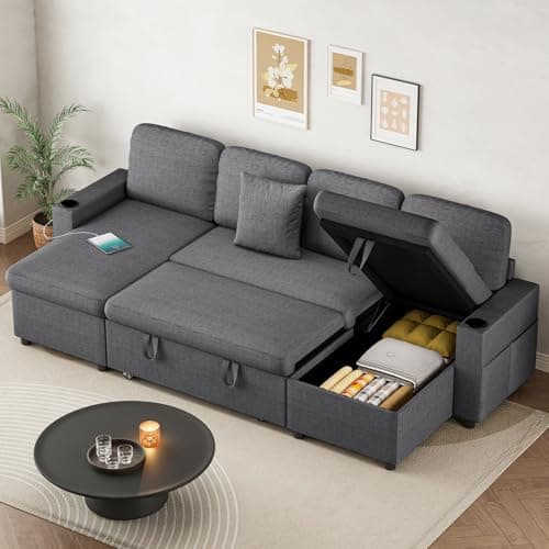 Corner Sofa Bed, U-Shaped Convertible Sleeper Sectional Sofa Bed with Storage, USB & Type-C Ports, Cup Holders and 2 Cushions, 4 Seater Linen Pull Out Couch Bed for Living Room, Bedroom, Grey