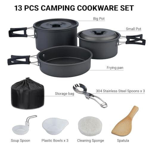 ISFORU Camping Cookware Set 13PCS Non-Stick Camping Pots and Pans Cookware Set with Plastic Bowls and Utensils, Compact Cooking Kit for Hiking, Backpacking & Survival (Pots & Pan Set) — view 3