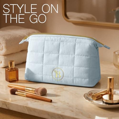 Quilted Blue Makeup Bag for Women, Travel Toiletry Bag with Wide-Open Top & Zipper Pouch, Travel Makeup Case Organizer with Internal Pockets, Puffy Cosmetic Pouch for Everyday Essentials — view 3