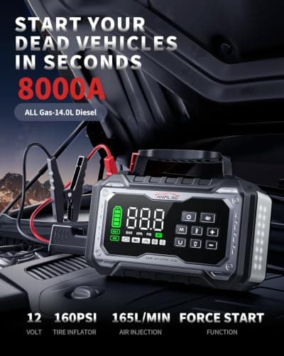 8000A Jump Starter Power Pack with Air Compressor 160PSI & Blower, ANFLAG 12V Car Battery Booster Jump Starter (All Gas/14L Diesel) Portable Car Jump Starter Power Bank with Jump Leads/800LM Light — view 2