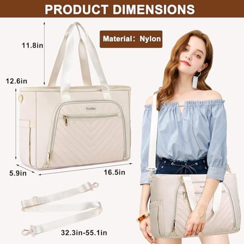 Kuosdaz Teacher Tote Bag for Women 15.6in Laptop Bag Work Bag Nurse Bag, Professional Briefcase Computer Purse Handbag, Large Utility Tote Messenger Shoulder Bag, Beige — view 2