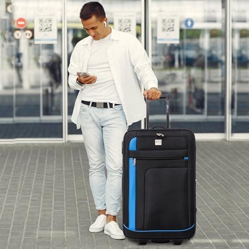 ATX Luggage 55x35x20cm Cabin Suitcase-Lightweight Softshell Carry-ons Approved for Ryanair EasyJet British Airways with 2 Wheels and Built-in Combination Lock (Black/Blue, 48 Liter) — view 4