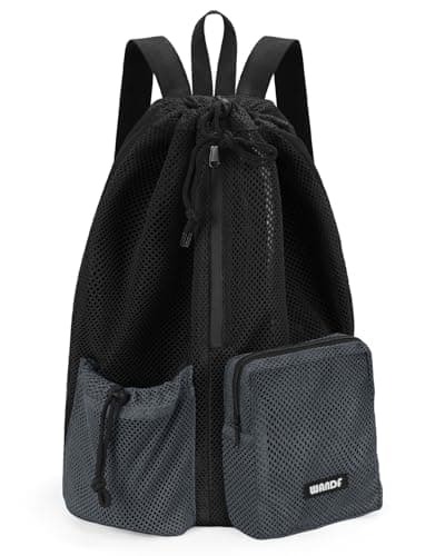 WANDF Swim Bag Mesh Backpack with Wet Dry Compartment, Waterproof Drawstring Sports Bag for Men Women, Large Gym Swim Beach Bag for Workout, Pool, Travel, PE Kit (Black)