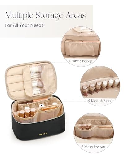Prite Makeup Bag Toiletry Case for Women with Brush Holder, Black, Standard — view 3