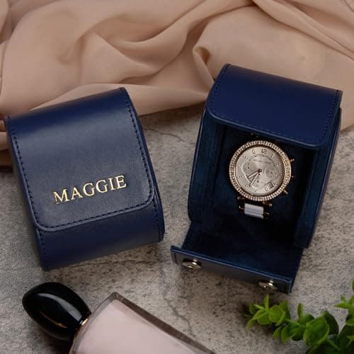Personalised Single Watch Roll Travel Case, Blue PU Leather, 55mm Width, 8 x 10 x 7 cm — view 3