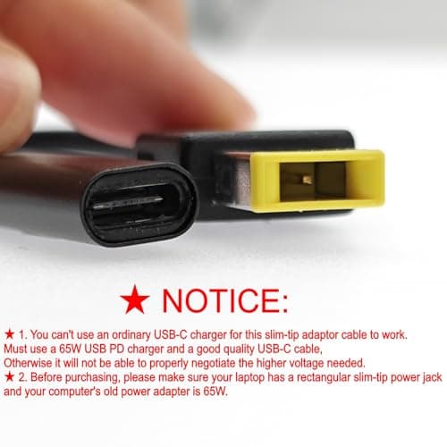 JZK 65W PD USB-C to slim tip cable adapter for ThinkPad, USB Type C female to rectangle yellow male connector for Lenovo Laptop power adaptor charger cord converter — view 2