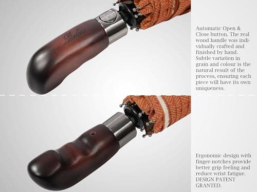 Balios Folding Umbrella Real Wood Handle Herringbone Gold Flame — view 3