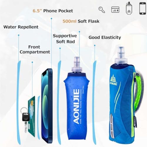 Azarxis Handheld Water Bottle Quick Grip for Outdoor Running Hiking Marathon Jogging Cycling Hand Strap Hydration Packwith 500ml Soft Flask Can Hold 6.8 in Phones (Blue) — view 3