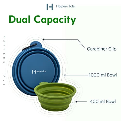 H HARPERS TALE Two Pack, Medium & Large Bowls 400ml 1000ml, Collapsible Travel Dog Food Water Bowls, Safe Silicone, Integrated Mold, No Plastic Rim, Carabiner Clip, BPA-Free, Steel Blue & Moss Green — view 2