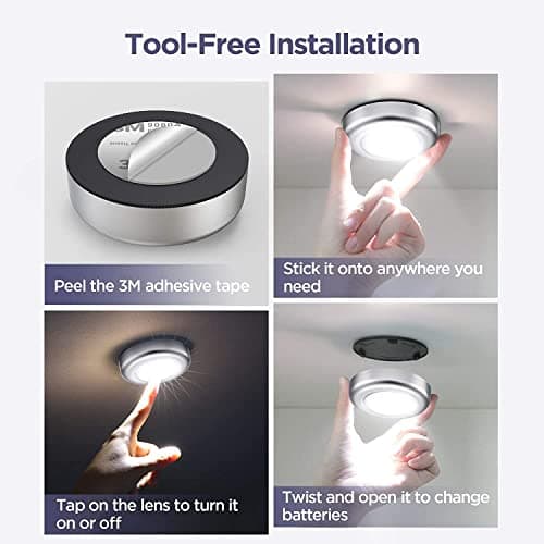 LED Battery-Powered Wireless Night Light Tap Touch Lamp, Self Adhesive Push Button for Closets, Cabinets, Counters, or Utility Rooms, Cordless Puck Shape, Batteries Not Included (2 Pack Push Lights) — view 5