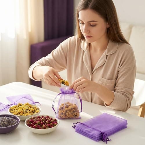 Purple Organza Drawstring Pouches, Mesh Gift Bags for Jewellery, Lavender Storage, Reusable, 40 Pack — view 4