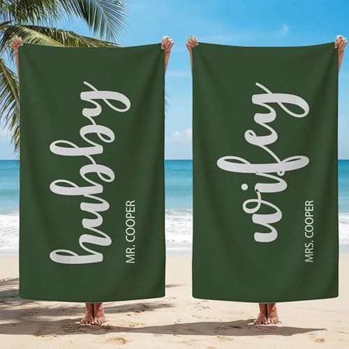 Print Maniacs Personalised Hubby and Wifey Beach Towel with Custom Name Microfibre Towel Large Quick Dry Lightweight Travel Towel Honeymoon Holiday Pool Gym Spa
