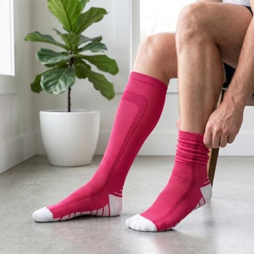 2 Pairs 15-20mmHg Graduated Compression Socks for Men & Women High Performance Long Sports Socks for Running,Cycling,Recovery Travel (UK, Numeric, 8, 11, Regular, Regular, Rose Red & Orange Yellow) — view 2