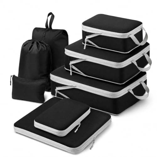 NEXURGE Compression Packing Cubes for Suitcases, 8 Piece Travel Organiser Set with Double Zip Compression, Waterproof Ripstop Fabric, Shoe & Laundry Bags, Lightweight Luggage Packing Cubes