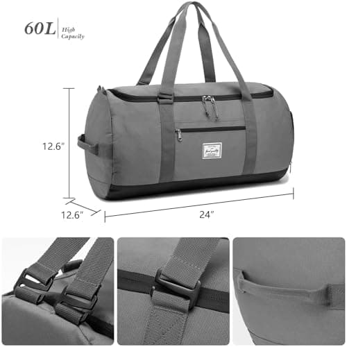 Lyweem Sports Gym Bag Men - 60L Large Travel Duffle Bag with Shoe Compartment, Weekend Holdall Bags, Overnight Duffel Bag Backpack, Grey — view 6