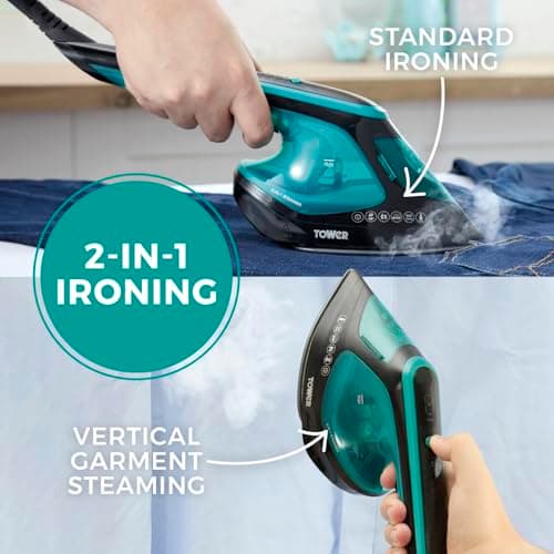 Tower Garment Steamer 1800W, 2-in-1 Steamer & Iron for Flexible Garment Care, One Temperature Technology, 25-Second Heat-Up, Ceramic Soleplate, 180ml Tank, Black & Teal (T22031TL) — view 3
