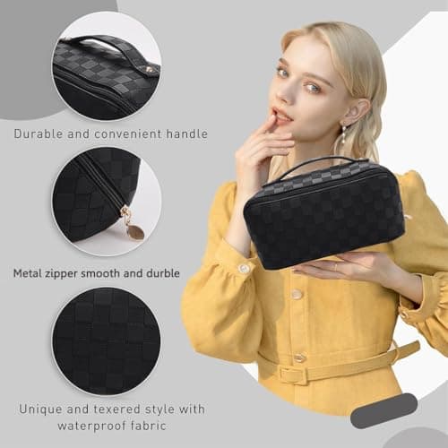 Large Capacity Makeup Bag - Women Waterproof Leather Cosmetic Bag, Portable Travel Purse Toiletry Bag Organizer, Multifunction Multi Layer Makeup Bag with Handle and Divider for Ladies Girls (Black) — view 3