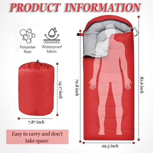 Sleeping Bag for Camping,Sleeping Bags for Adults Backpacking Waterproof,3 Seasons Adult Blanket,Small Packed Ultralight Carry Bag, Soft,Thick and Warm,for Outdoor Camping,Travel,Hiking (Red) — view 2