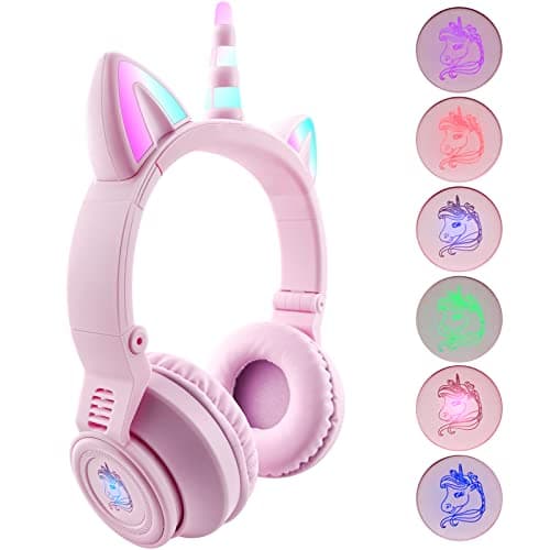 YUSONIC Unicorn Headphones, Bluetooth Headphones for Girls Boys Laptop Tablet, LED Lighting Kids Headphones for Birthday Travel School Gifts (Purple 27)
