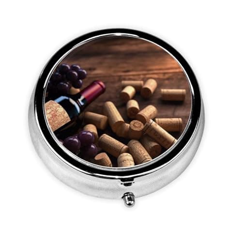 Wine Bottle Corks Grapes Print Pill Box for Pocket Round Pill Box 3 Compartment Decorative Portable Travel Pill Holder Tablet Vitamin Organizer Mini Pill Case(2pcs)