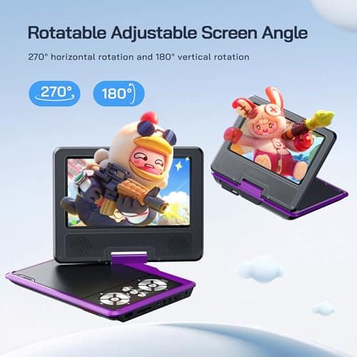 WOLFANG 9.5" Portable DVD Player for Kids and Car Travel with 7.5" HD Swivel Screen, 4-6 Hours Battery Life, Region Free, Stereo Speaker, Headphone/Sync TV/USB/SD Card, Purple [No Blu-ray Support] — view 2